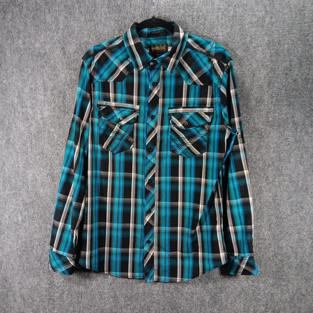 Helix Western Shirt Mens Medium Multicolor Plaid Athletic Fit Button Up Cowboy